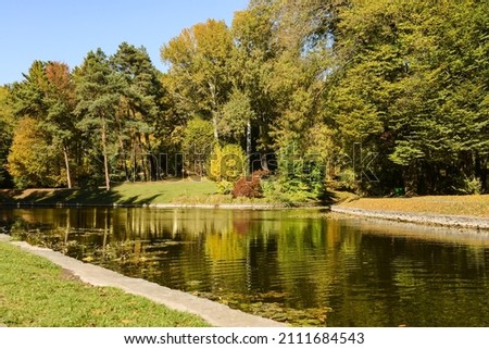View of beautiful pond and trees in autumn park