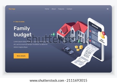 Isometric mobile device, home, car, invoice and coins. Landing page template.