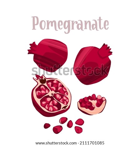 Fresh delicious pomegranate whole and cut. Healthy nutrition product. Vector hand drawn flat isolated illustration with dry brush texture and hand written lettering for your design. Royalty-Free Stock Photo #2111701085
