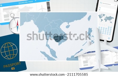 Journey to Cambodia, illustration with a map of Cambodia. Background with airplane, cell phone, passport, compass and tickets. Vector mockup.