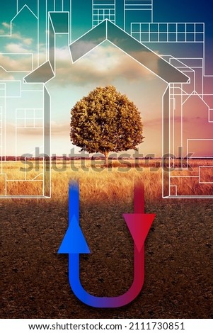 Geothermal heating and cooling system linear - sustainable buildings conditioning concept illustration Royalty-Free Stock Photo #2111730851