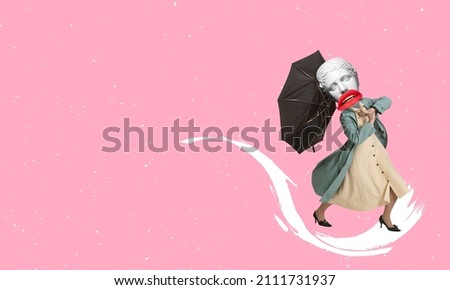Overcoming. Modern, contemporary collage with girl wearing retro style outfit with plaster head of ancient statue isolated on pink background. Concept of art, beauty, fashion, comparison of eras