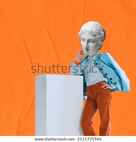 Stylish model. Modern, contemporary collage with girl wearing retro style outfit with plaster head of ancient statue isolated on orange background. Concept of art, beauty, fashion, comparison of eras