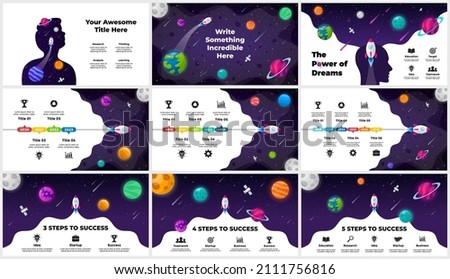 Startup vector Infographic. Rocket launch into space. Human head. Universe background. Presentation slide template. Business success diagram chart.  Royalty-Free Stock Photo #2111756816