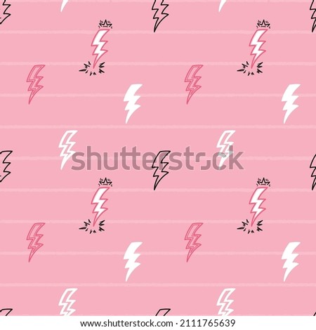 Lightning Bolt Signs Vector Seamless Pattern. Pink Black White Background with Hand Drawn Doodle Thunderbolts. Great for Girl Power design