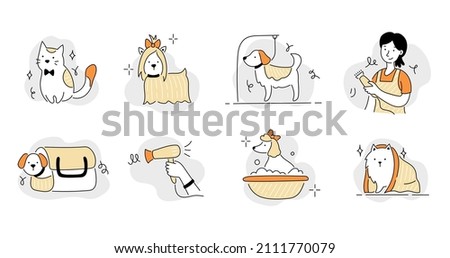Pet grooming salon icon set. Cute dog beauty grooming salon, wash, care hair of pet. Doodle line style animal and character. Vector illustration. Royalty-Free Stock Photo #2111770079