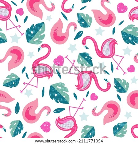 Flamingo and Swan Tropical Leaves Vector Seamless Pattern