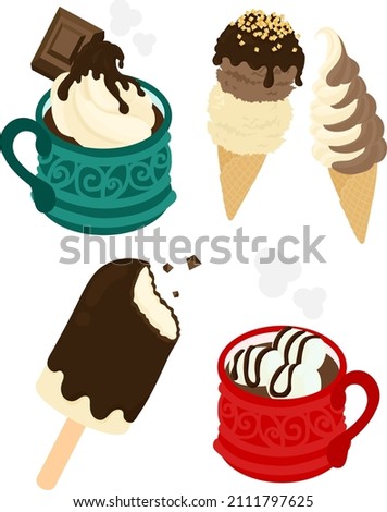 Various cute chocolate sweets icons such as hot chocolate and ice cream and soft serve