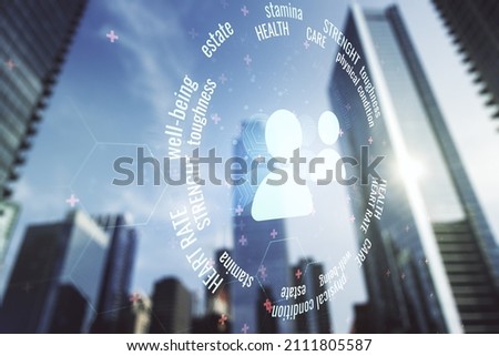 Abstract virtual people icons sketch on blurry cityscape background, life and real estate insurance online concept. Double exposure