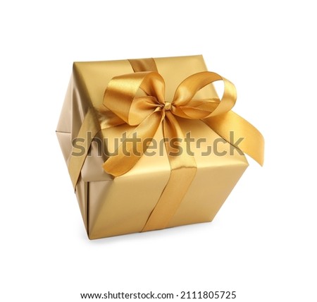 Gift box with golden ribbon and bow on white background Royalty-Free Stock Photo #2111805725