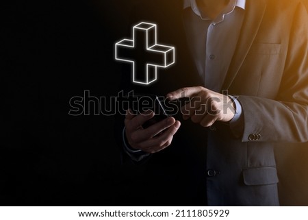 Businessman hold 3D plus icon, man hold in hand offer positive thing such as profit, benefits, development, 