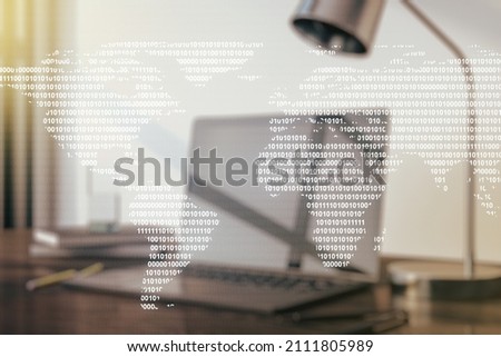 Double exposure of abstract digital world map on laptop background, research and strategy concept