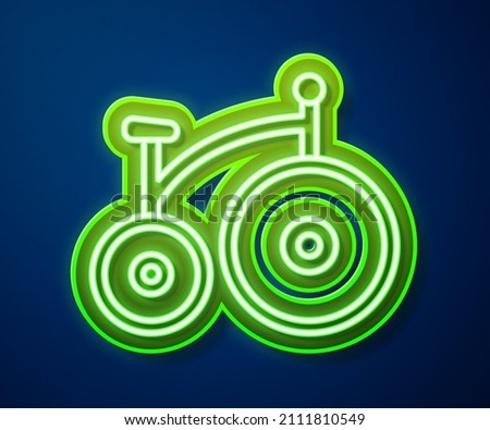 Glowing neon line Vintage bicycle with one big wheel and one small icon isolated on blue background. Bike public transportation sign.  Vector