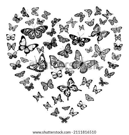 butterflies heart set silhouette, on white background, vector, isolated