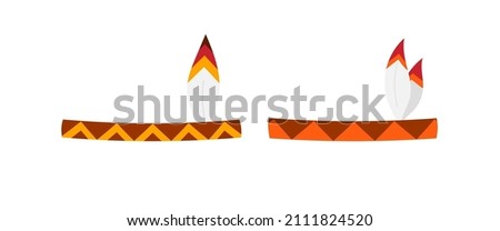 Indian hat with feathers icon set isolated on white background. Ornate indian traditional headdrees with one and two feathers. Flat design cartoon vector clip art illustration.