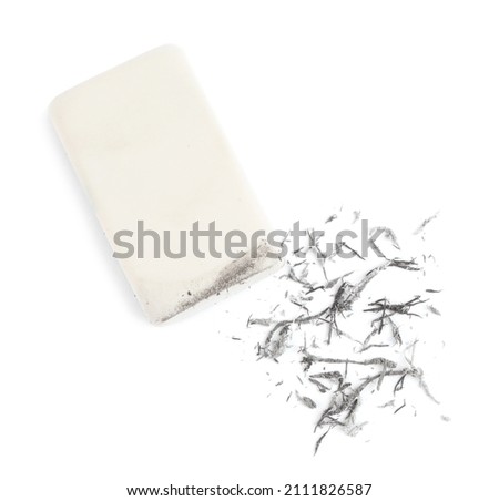 Eraser and crumbs on white background, top view Royalty-Free Stock Photo #2111826587