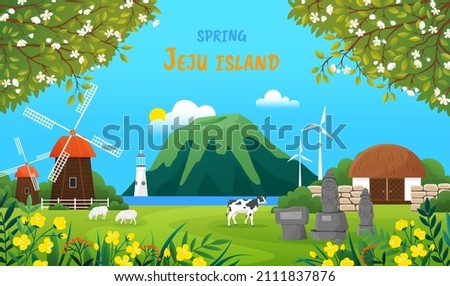 JeJu Island in spring. Beautiful spring season landscape. Harvest time at Jeju in South Korea. Nature and architecture of island, tourist resort. Mountain, mill and stone statues in spring landscape Royalty-Free Stock Photo #2111837876