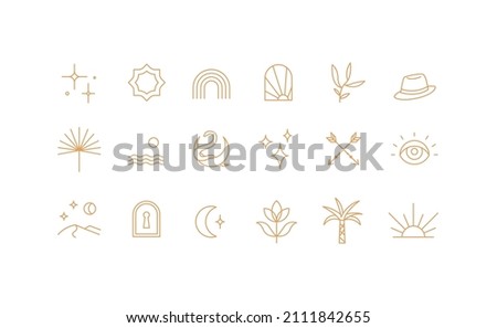 Boho linear icon set. Celestial and natural design elements, perfect for web, cover stories, printing, tattoes and posts. Golden icons. Isolated vector symbols on white background.