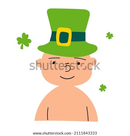 Happy smiling toddler wearing green hat for St. Patrick's party. Vector illustration on white background