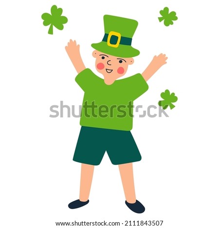 Kid wearing costume for St. Patrick's party. Hand drawn illustration on white background