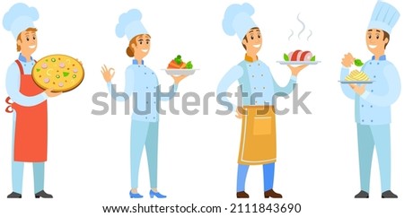 People preparing dish, meal. Chefs work with kitchen equipment to prepare food. Male characters fry with pan, cut vegetables, mix, add ingredients of dish. Set of chefs creating restaurant meal