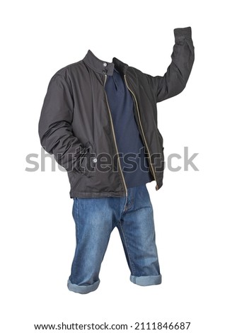 Denim dark blue shorts,dark blue t-shirt with collar on buttons and black  jacket on a zipper  isolated on white background