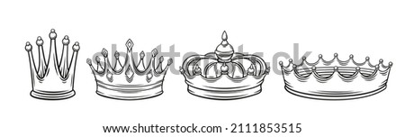 Crowns outline icons set. First place winner, royal jewelry and wealth. Drawn monochrome of triumph first simple vintage engraving style.