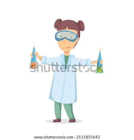 Happy girl is doing a chemical experiment. Vector cartoon illustration.