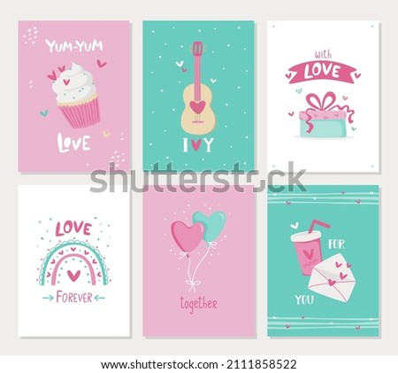 Valentine's Day card set - handmade style with calligraphy. Templates for flyers, postcards, cards with an inscription. Vector illustration.