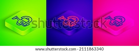 Isometric line Spinning reel for fishing icon isolated on green, blue and pink background. Fishing coil. Fishing tackle. Square button. Vector