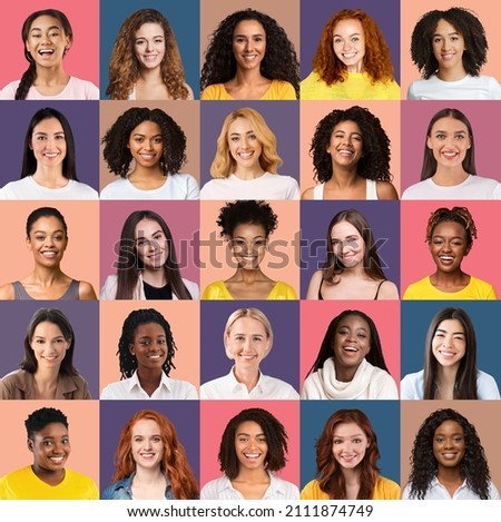 Square collage of young female multiethnic students over various bright studio backgrounds. Smiling women portraits of different nationalities and looks. Social variety and diversity concept Royalty-Free Stock Photo #2111874749