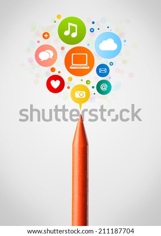 Coloured crayon close-up with social network icons