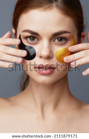 beautiful woman multicolored patches rejuvenation skin care fun gray background