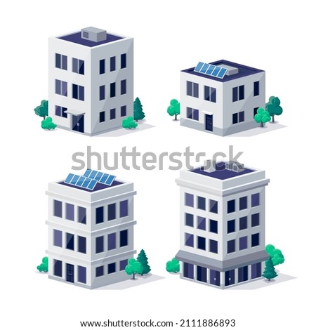 Residence apartment house city urban old town historic office home buildings illustrations in 3d dimetric isometric view. Suburban hotel building with solar panels. Isolated vector illustration.