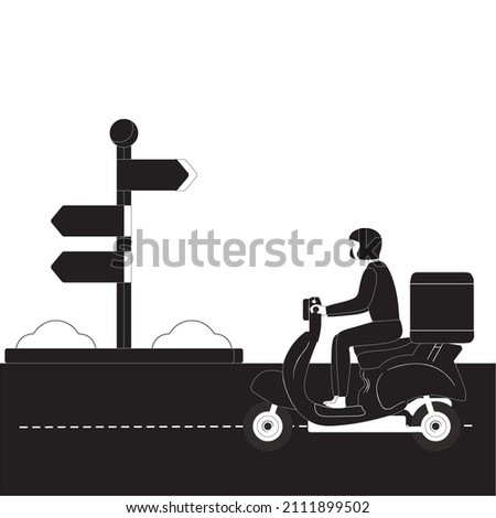 Black and White simple vector illustration of courier riding a scooter with box package. Online shopping. Online delivery service. Fast delivery parcel concept. Black and White concept