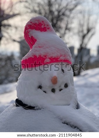 A close-up shoot of snowman face with a pink hat. Cute and happy snowman. Welcoming winter. Snowfall. Funny hat. Joy. Kid-made. After snow. Cheerful snowman with scarf. Cute snowy view