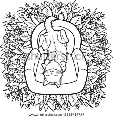 A cute illustration of an orange cat laying or sleeping on a couch. An adorable and fluffy couch potato.  The cutest couch hogger there is. My spirit animal, my totem animal. A fun coloring page.
