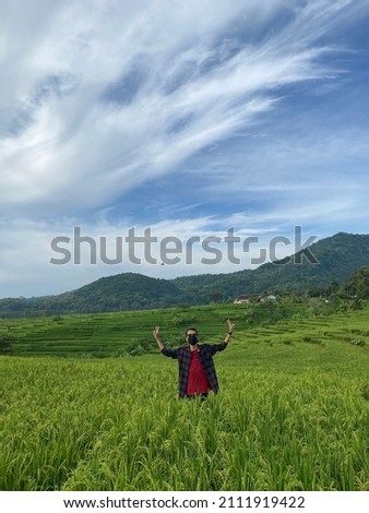 A young man wearing a plaid shirt enjoys a beautiful view of the rice fields on the outskirts of Yogyakarta, Indonesia, an attraction for rural tourism destinations.