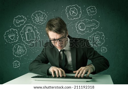 Young nerd hacker with virus and hacking thoughts on green background