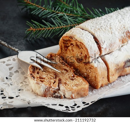 Loaf of sweet spicy Italian panettone bread, a speciality with raisins, candied fruit and spices served at Christmas
