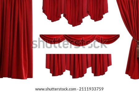 Set with beautiful red curtains on white background  Royalty-Free Stock Photo #2111933759