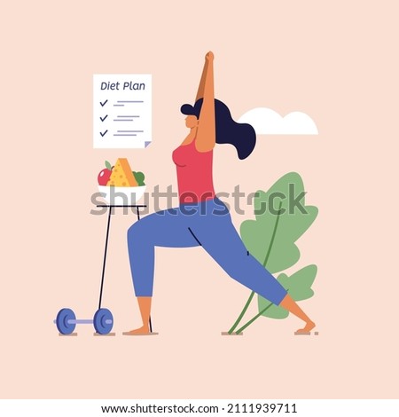 Healthy eco diet plan vector illustration. Fresh organic vegetable. Woman planning diet with fruit and vegetable. Concept of healthy food, meal planning, nutrition consultation, balance diet program Royalty-Free Stock Photo #2111939711