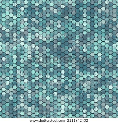 Camouflage seamless pattern with arctic blue hexagonal endless geometric camo ornament. Abstract modern winter military style background. Template for fabric and fashion print. Vector illustration