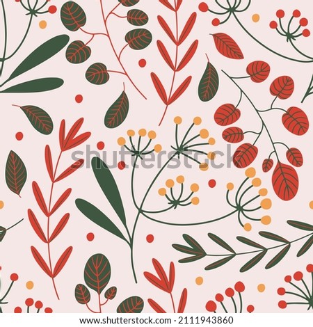 Vector seamless pattern with cute wild plants, herbs and berries in red ang green palette