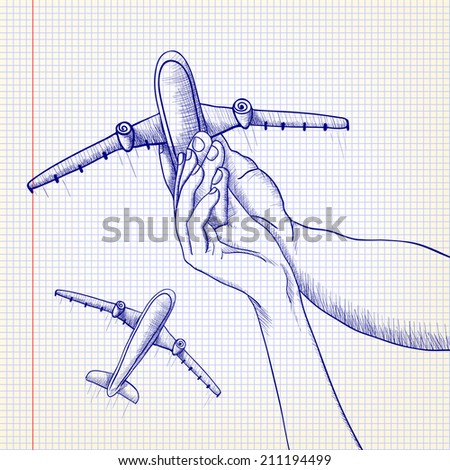 vector illustration.  Couple holding a model airplane, dreaming of traveling. Sketch on notebook page