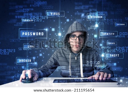 Hacker programing in technology enviroment with cyber icons and symbols