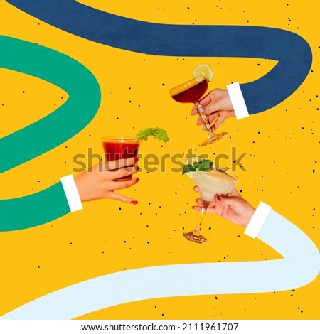 Funny friends meeting. Contemporary art collage with hands holding cocktail glasses isolated on yellow background. Stretching long drawn arms. Concept of festival, taste, fashion, art, creativity