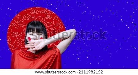 Keep silence. Art collage with tender, sad young japanese girl isolated on blue and red background. Concept of beauty, emotions, facial expression, art. Japanese style, contemporary artwork,