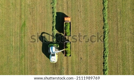 Aerial view of a combine harvester and tractor with trailer in sunny weather. The combine harvester collects freshly cut grass.