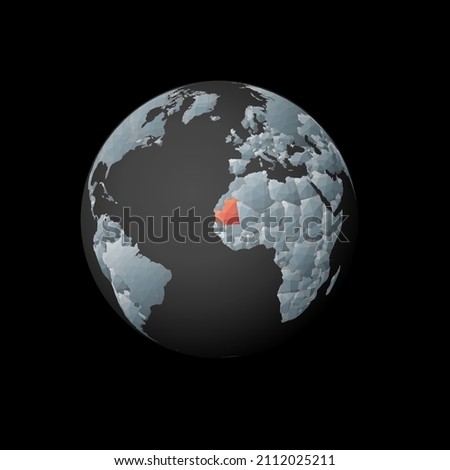 Low poly globe centered to Mauritania. Red polygonal country on the globe. Satellite view of Mauritania. Superb vector illustration.